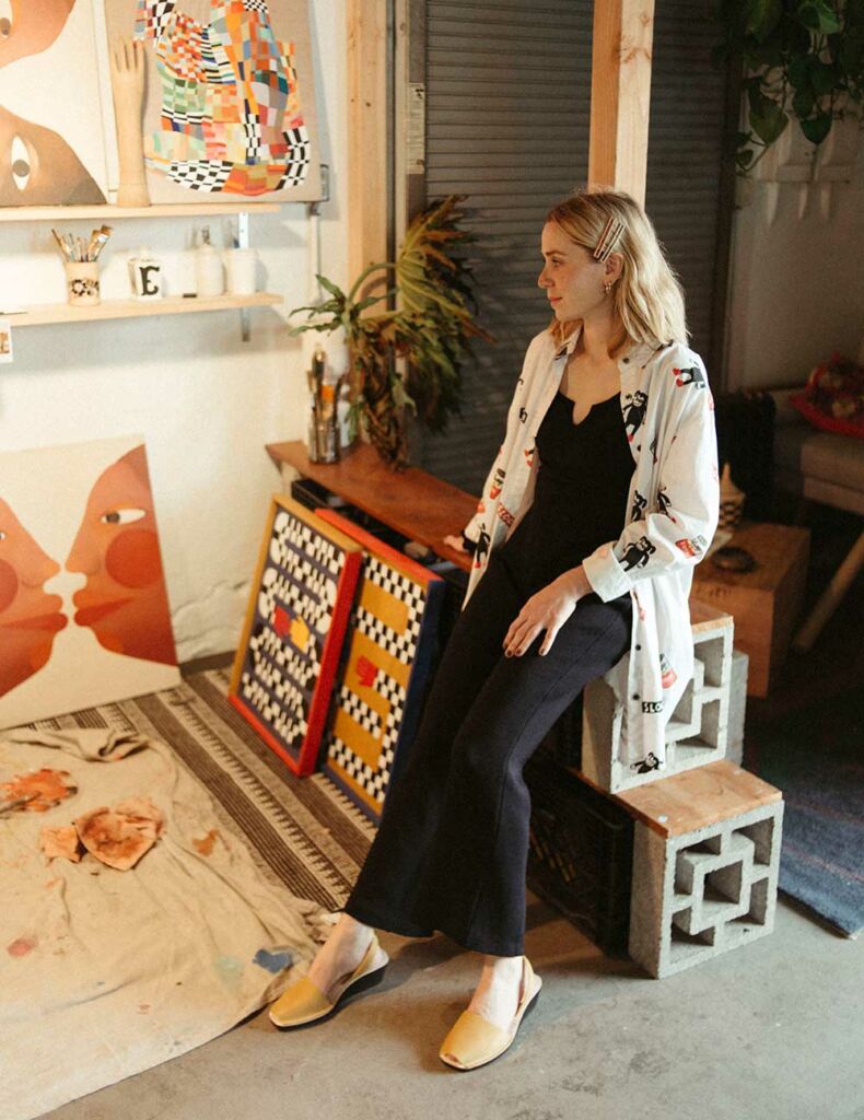 Laurie Nasica in her studio wearing Pons